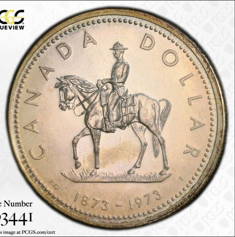 Rainbow Toned 1973 SP 65 Canada RC Mounted Police Silver Dollar PCGS Graded 741