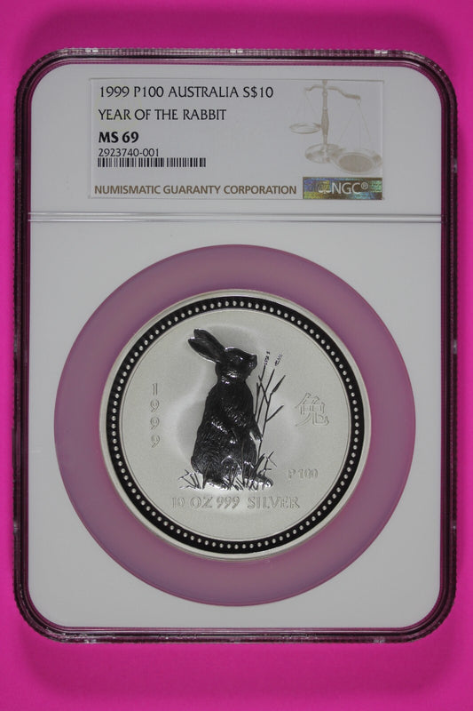 1999 MS 69 10 Ounces Silver Australia Year Of The Rabbit .999 Fine NGC Slab 7015
