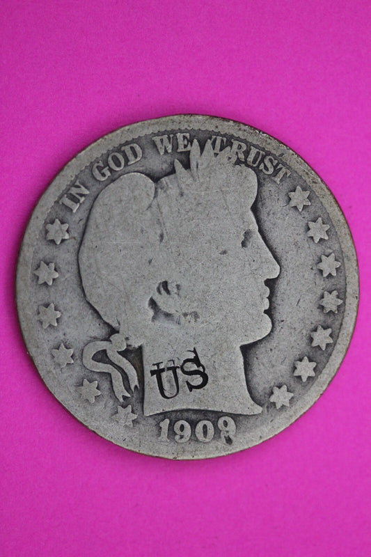 1909 P Counter Stamped Barber Liberty Silver Half Dollar Semi Key Date Coin 259N