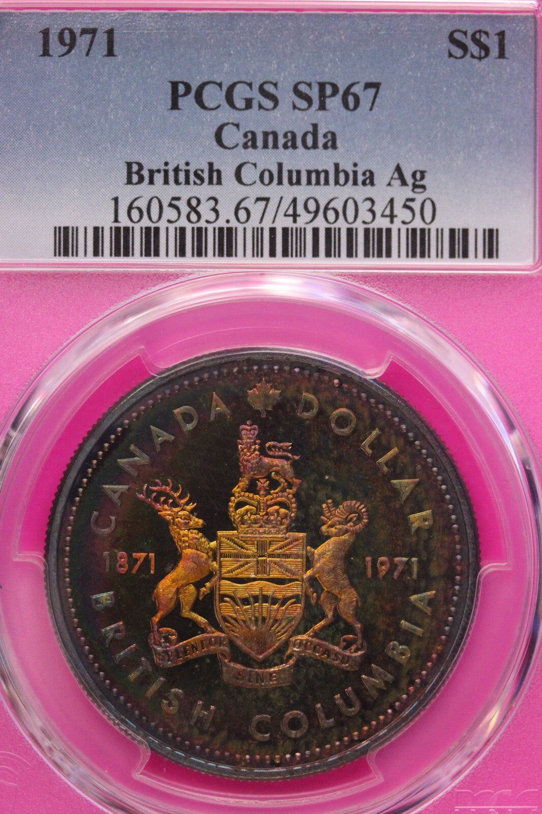 Rainbow Toned 1971 SP 67 Canada British Columbia Silver Dollar PCGS Graded 727