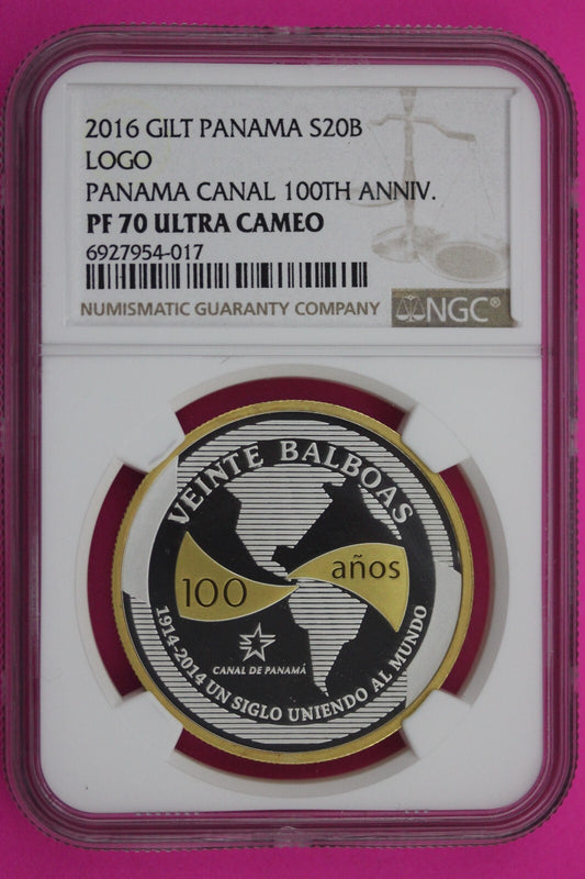 Top Pop 2016 PF 70 Gilt Panama 20 Balboas Canal Logo 100th Anniversary NGC 193