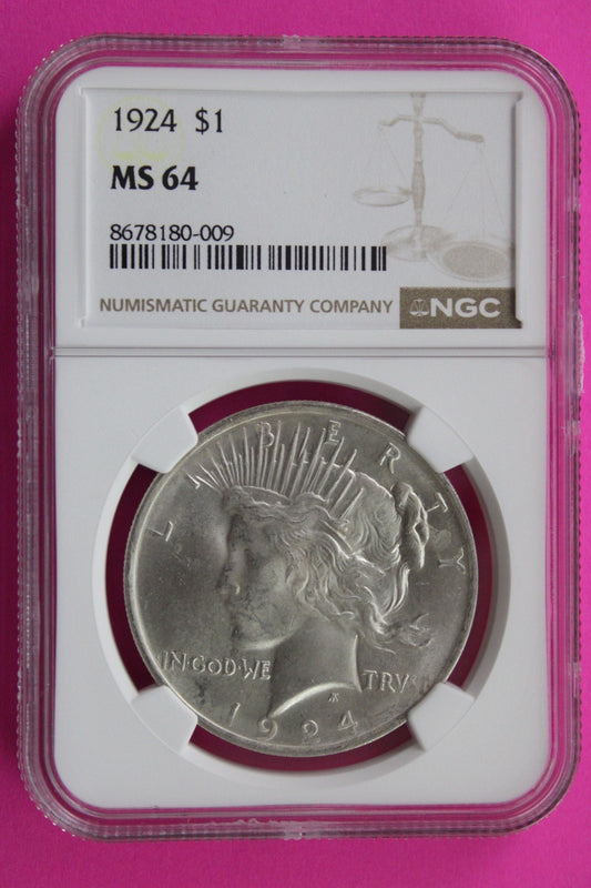 1924 P MS 64 Liberty Peace Silver Dollar NGC Certified Graded Authentic 734