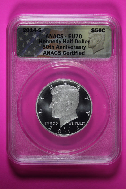 2014 S EU 70 Enhanced Silver 50th Anniversary Kennedy Half Dollar ANACS Slab 644