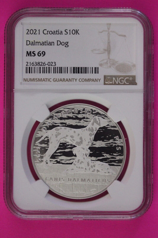 2021 Dalmation Dog MS 69 Croatia 10k Kuna 1 OZ Silver NGC Certified Slab 1098