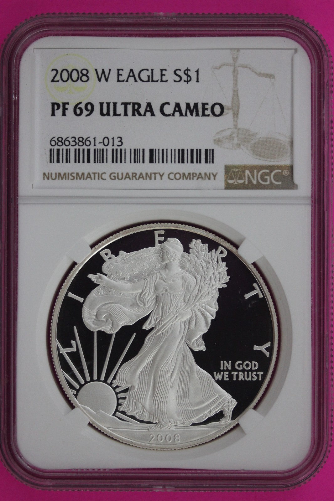2008 W PF 69 Silver Eagle Coin 1 OZ .999 NGC Graded Certified Authentic Slab 886