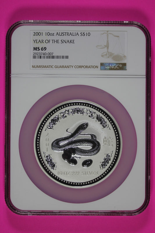 Top Pop Finest Known 2001 MS 69 10 OZ Silver Australia Year Of Snake NGC 7017