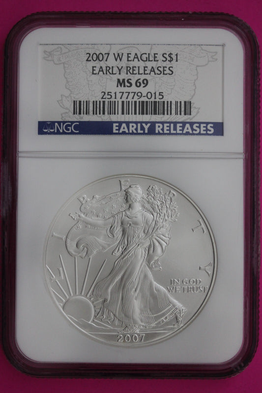 2007 W MS 69 Silver Eagle Coin 1 OZ .999 NGC Graded Certified Authentic Slab 477