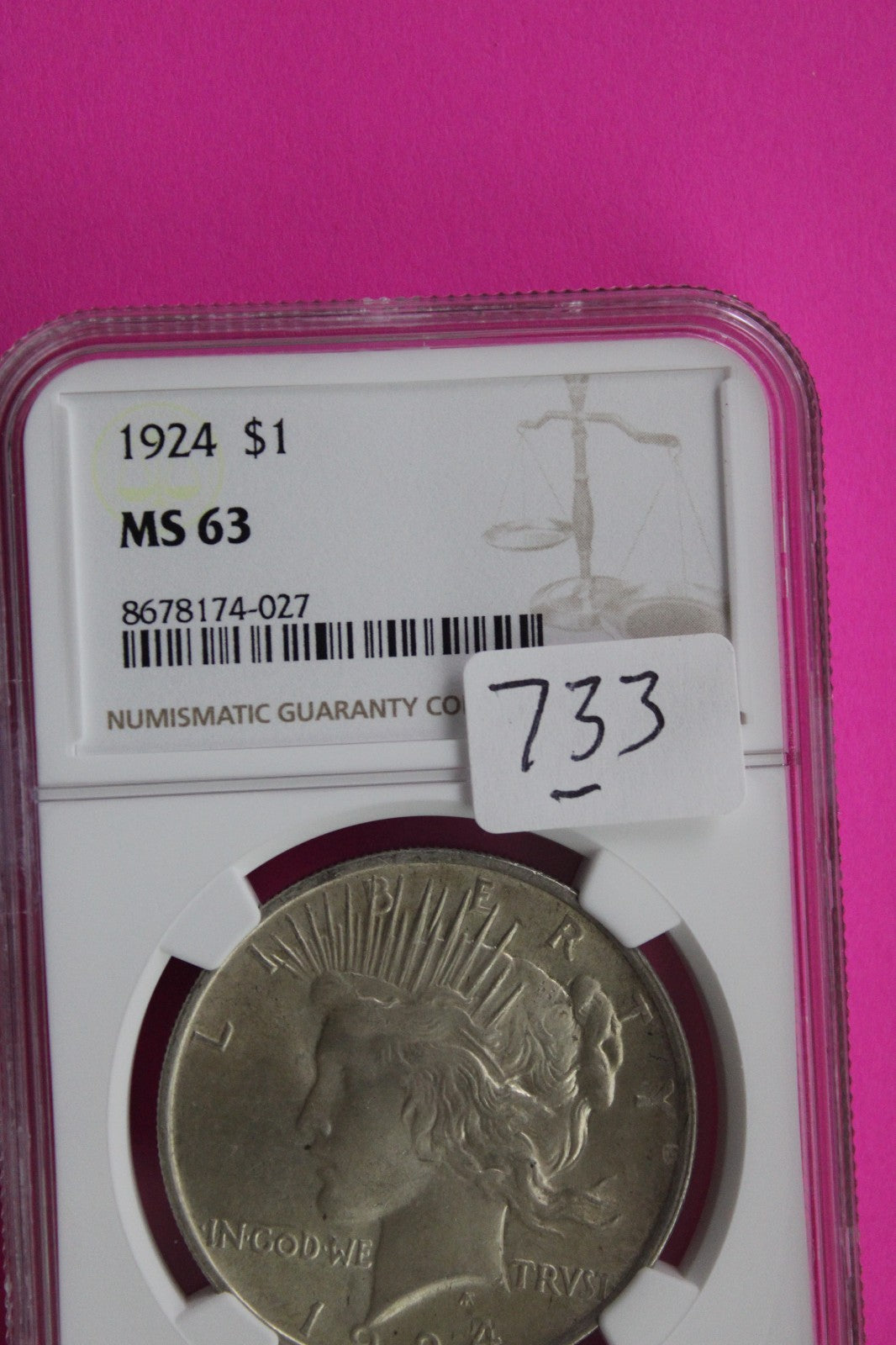 1924 P MS 63 Liberty Peace Silver Dollar NGC Certified Graded Authentic 733