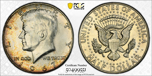 Toned 1967 Silver MS 64 John F Kennedy Silver Half Dollar PCGS Graded Slab 127