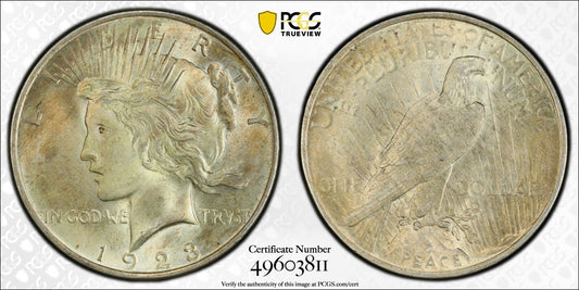Toned 1923 P MS 64 Peace Silver Dollar PCGS Graded Certified Authentic Slab 49