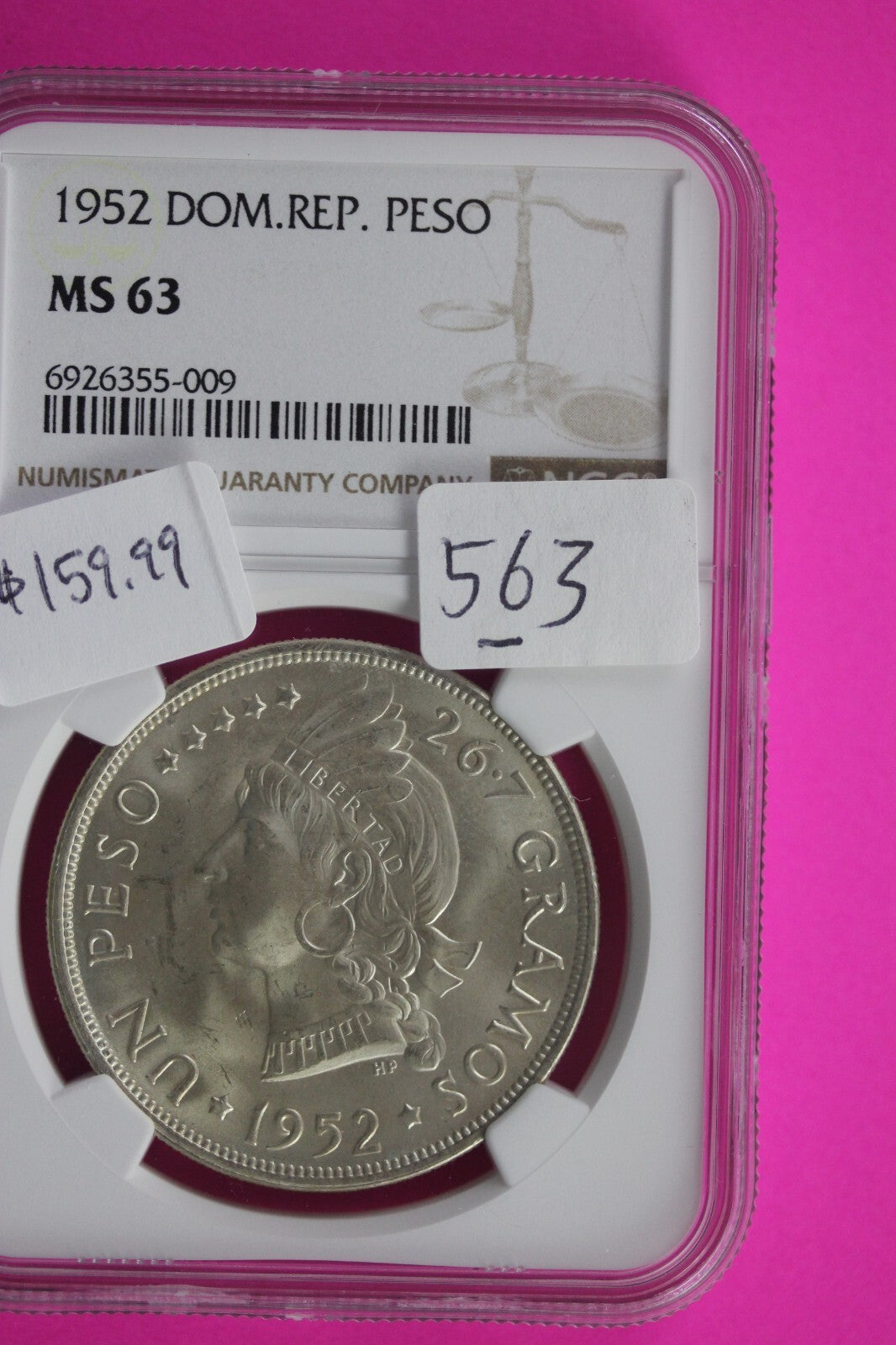 1952 MS 63 Dominican Republic Peso Silver Coin NGC Certified Authentic Slab 563