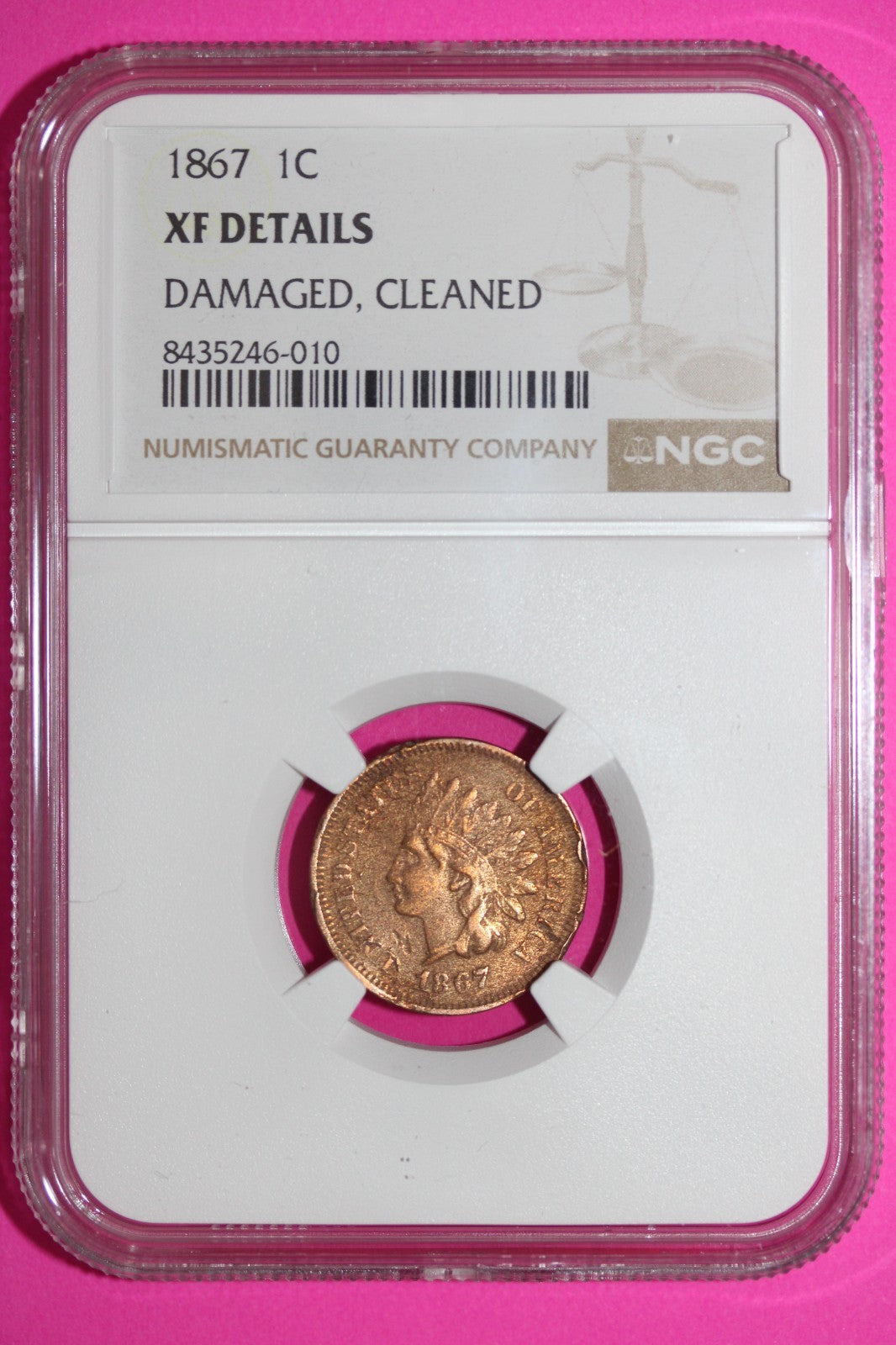 1867 Indian Head Cent Penny XF Details Damaged Cleaned NGC Certified Slab 897