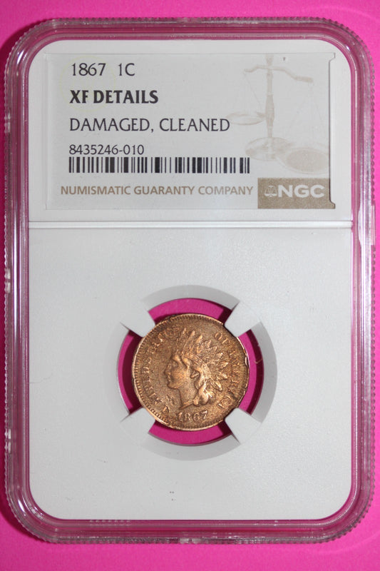 1867 Indian Head Cent Penny XF Details Damaged Cleaned NGC Certified Slab 897