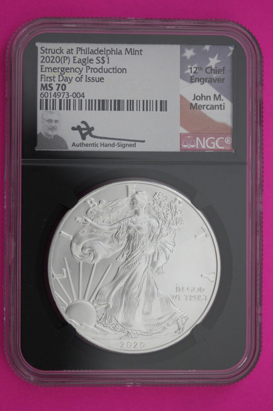 2020 (P) MS 70 Silver Eagle Mercanti Signature Emergency Issue NGC Certified 248