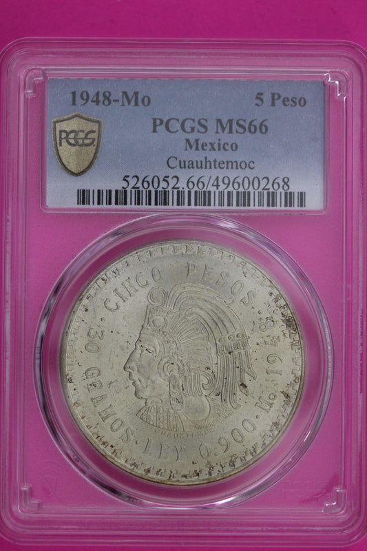 Toned 1948 MS 66 Mexico Cuahtemoc 5 Peso PCGS Certified Graded Authentic 1209