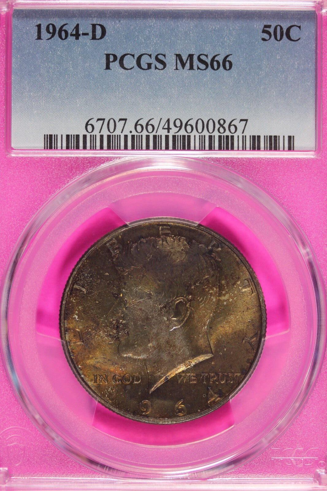 Rainbow Toned 1964 D MS 66 John F Kennedy Silver Half Dollar PCGS Graded 162