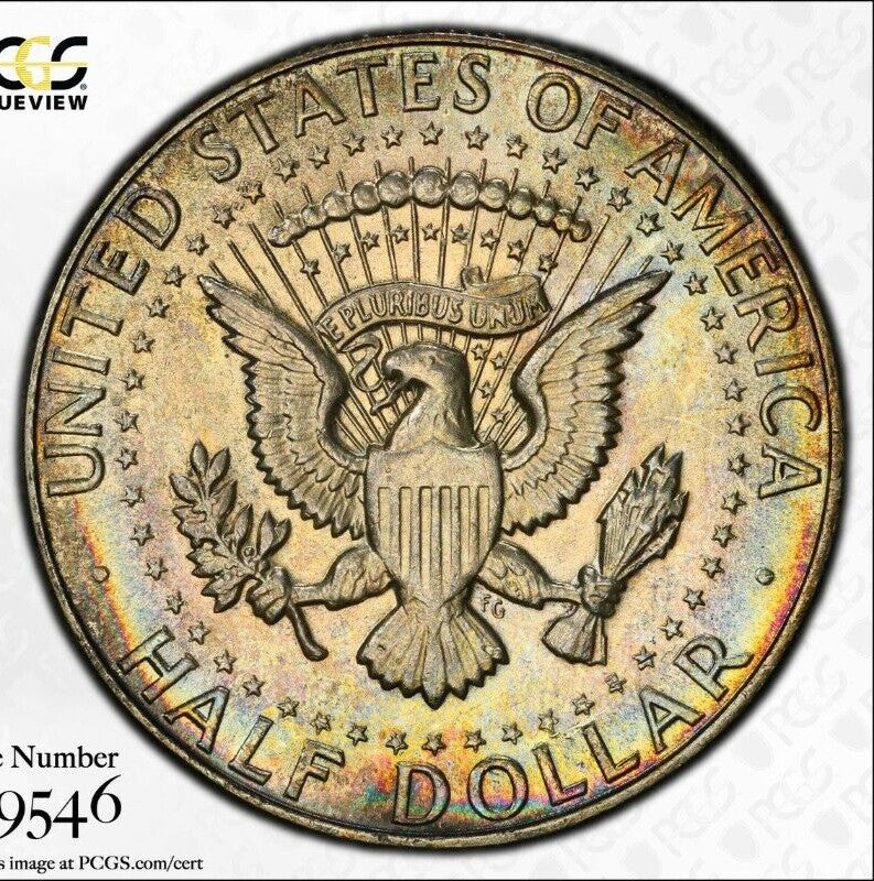 Rainbow Toned 1965 Silver MS 65 John F Kennedy Silver Half Dollar PCGS Slab 130
