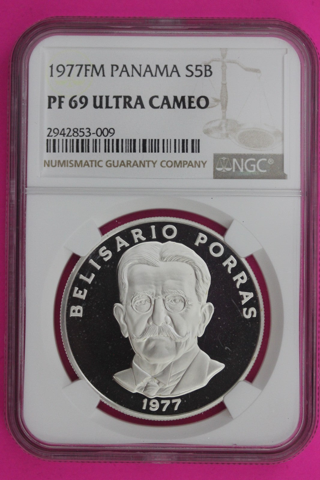 1977 Panama PF 69 Ultra Cameo Proof Silver 5 Balboas NGC Certified Graded 1301