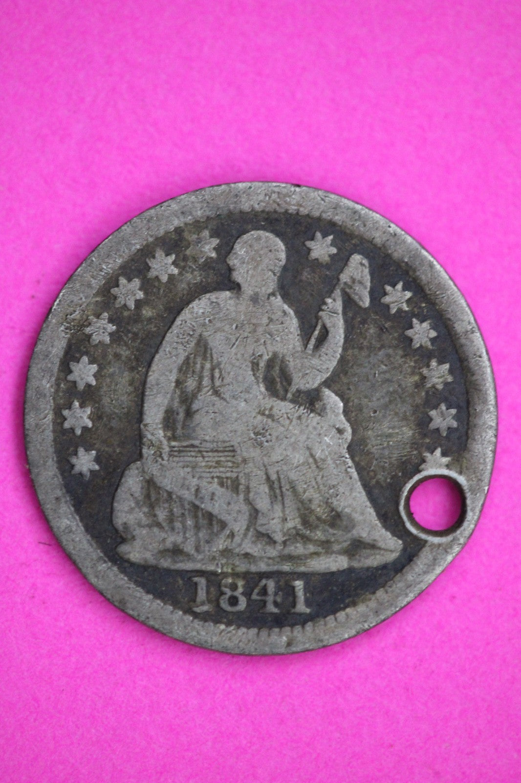 1841 P Seated Half Dime Silver Exact Coin Shown Filler Holed Damaged Bent 2733