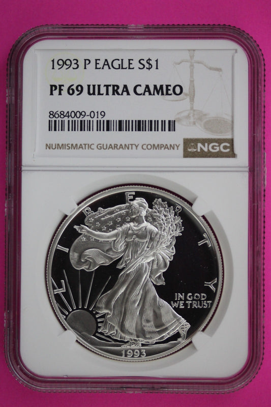 1993 P PF 69 American Silver Eagle Proof Ultra Cameo NGC Graded Authentic 91