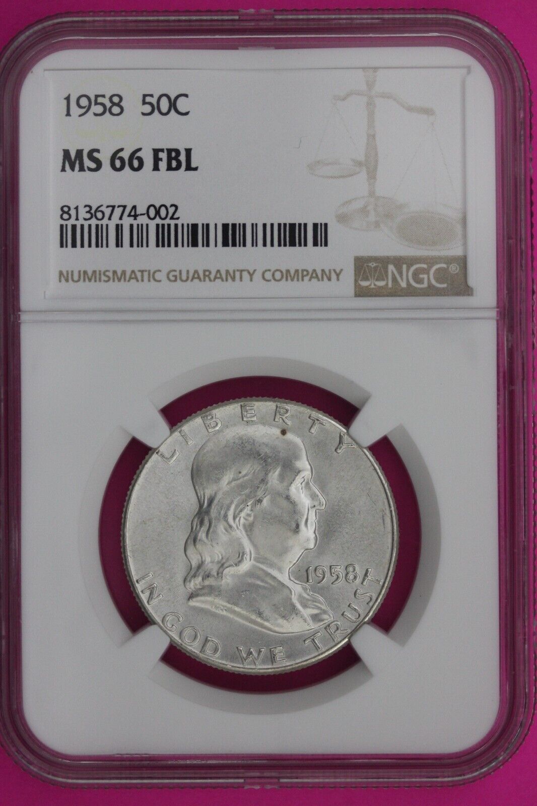 Full Bell Lines 1958 P MS 66 FBL Ben Franklin Half Dollar Silver Coin NGC 947