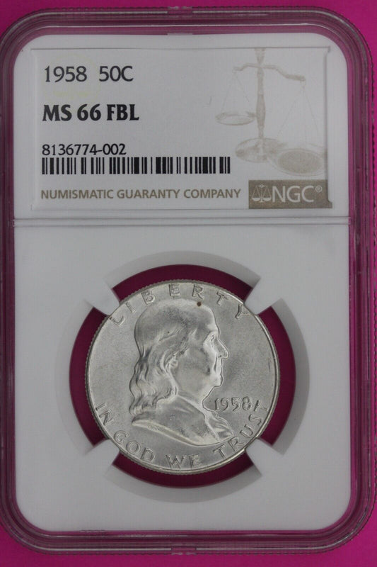 Full Bell Lines 1958 P MS 66 FBL Ben Franklin Half Dollar Silver Coin NGC 947
