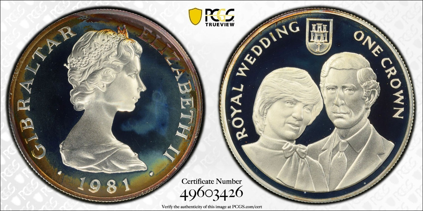 Toned 1981 PR 68 DCAM Crown Gibraltar Princess Diana Royal Wedding PCGS Slab 609