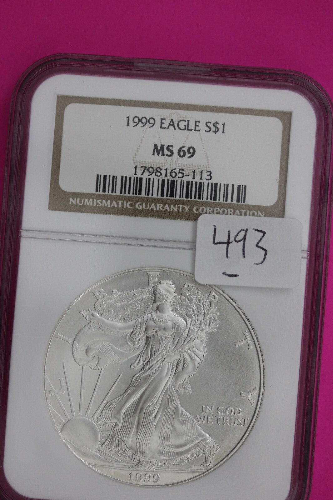 1999 MS 69 Silver Eagle Coin 1 OZ .999 NGC Graded Certified Authentic Slab 493