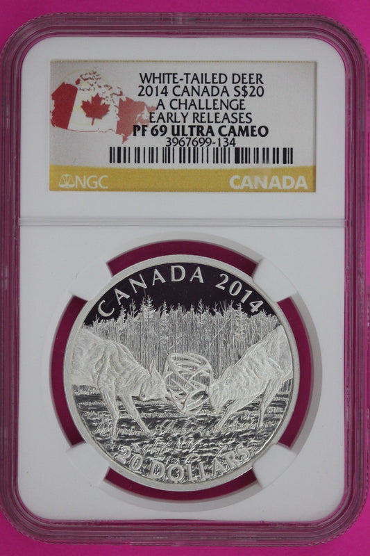2014 PF 69 White Tailed Deer A Challenge Canada 1 OZ Silver $20 NGC Graded 848