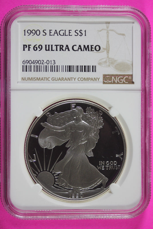 1990 S PF 69 Silver American Eagle Deep Cameo Authentic Proof Coin NGC Slab 1045