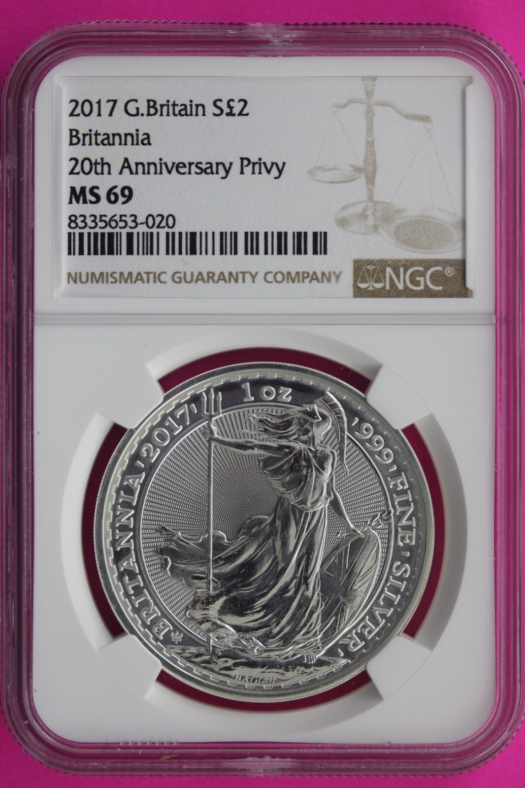 2017 MS 69 Great Britain £2 Britannia 20th Anniversary Privy NGC Graded Slab 714