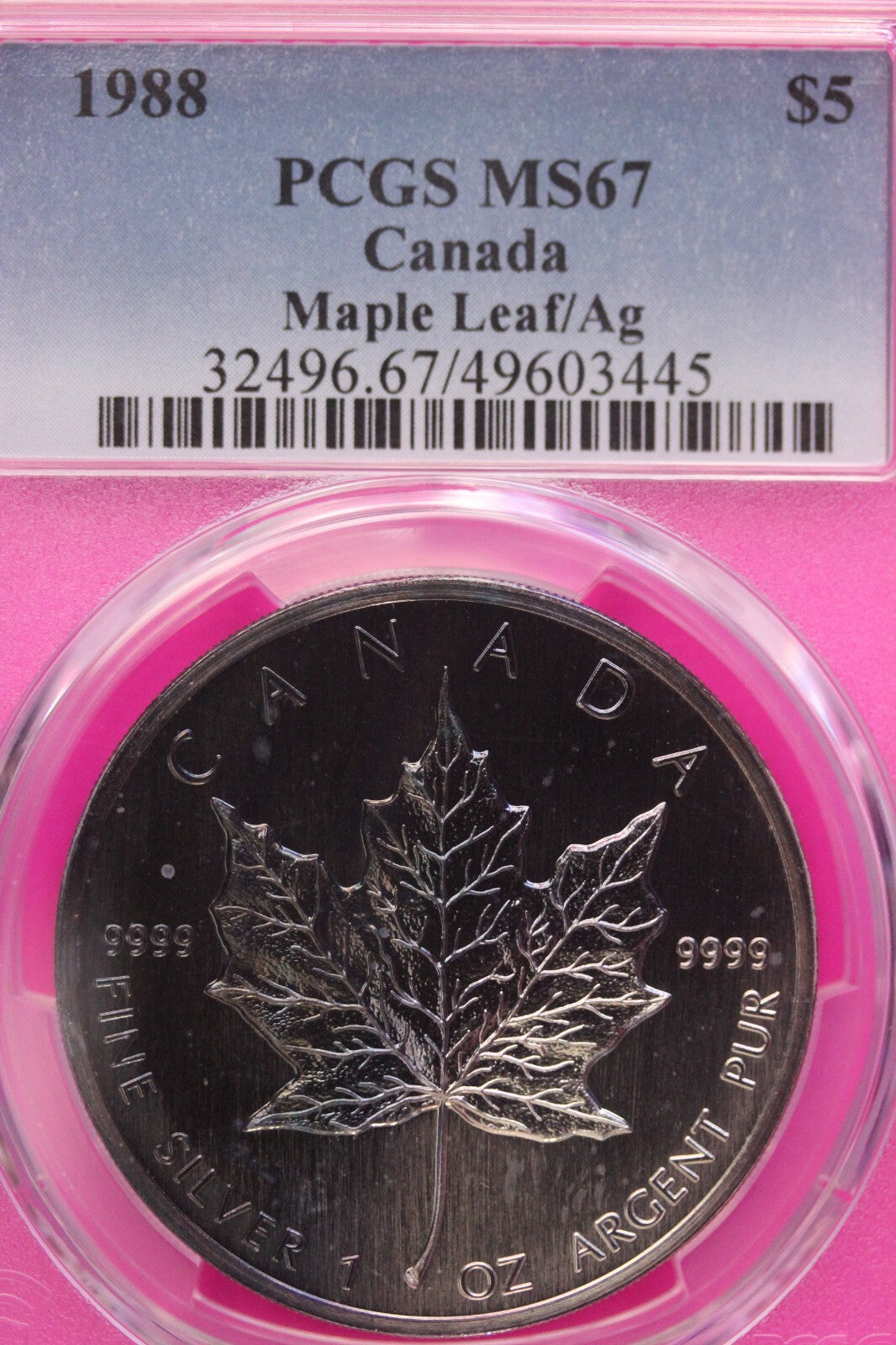 Rainbow Toned 1988 MS 67 Canada Maple Leaf Silver 5 Dollar PCGS Graded Slab 736