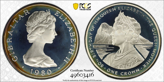 1980 PR 68 DCAM Crown Gibraltar  PCGS Queen Elizabeth 80th Birthday Silver 539