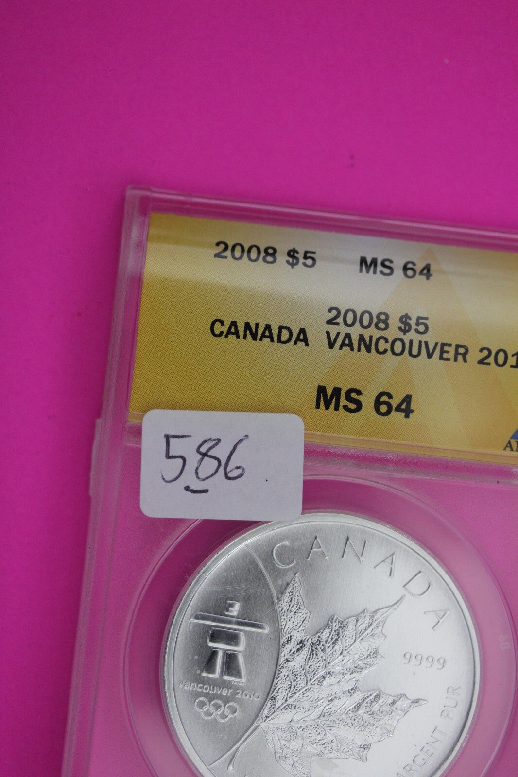 2008 MS 64 Vancouver Canada 5 Dollars Silver Maple Leaf ANACS Certified Slab 586