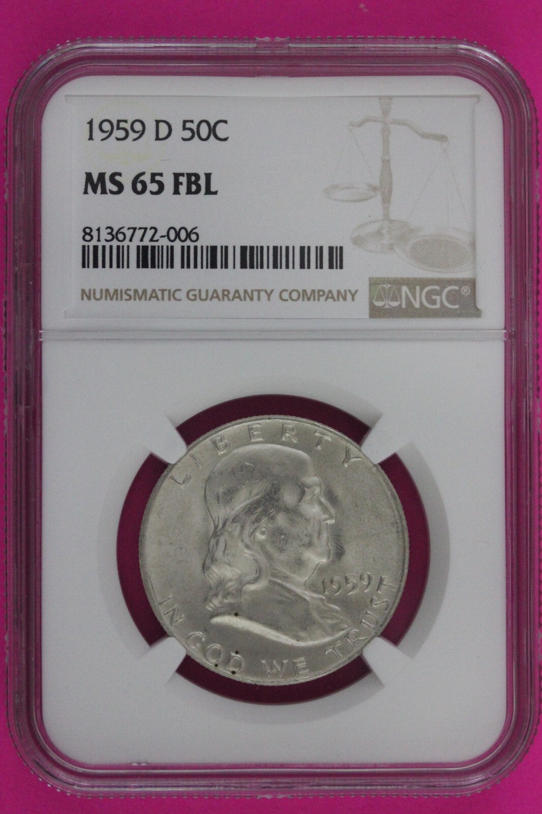 Full Bell Lines 1959 D MS 65 FBL Ben Franklin Half Dollar Silver Coin NGC 774