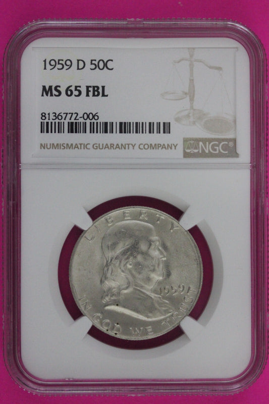 Full Bell Lines 1959 D MS 65 FBL Ben Franklin Half Dollar Silver Coin NGC 774