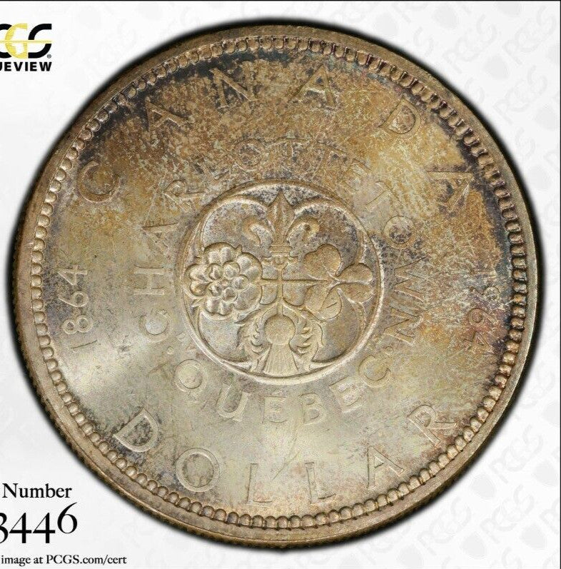 Golden Blue Toned 1964 MS 64 Canada Confederation  Silver Dollar PCGS Graded 732