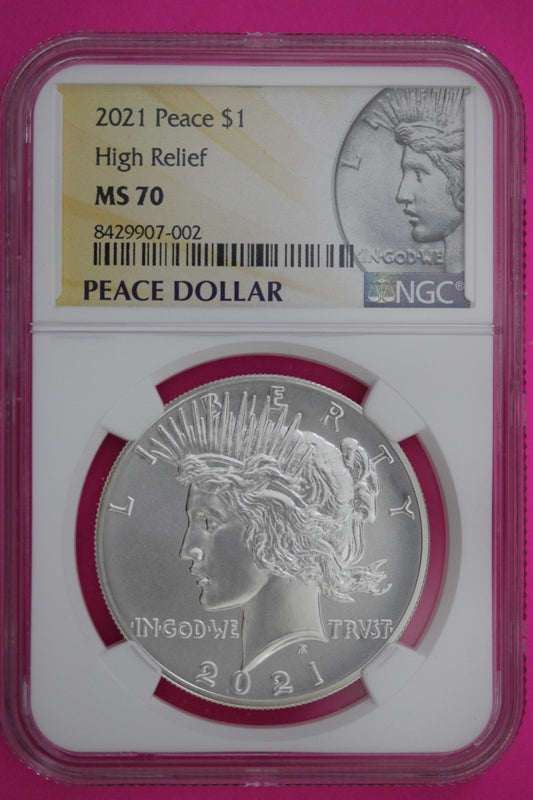 RARE 2021 MS 70 HI Relief Peace Silver Dollar  NGC Authentic Graded Coin 415