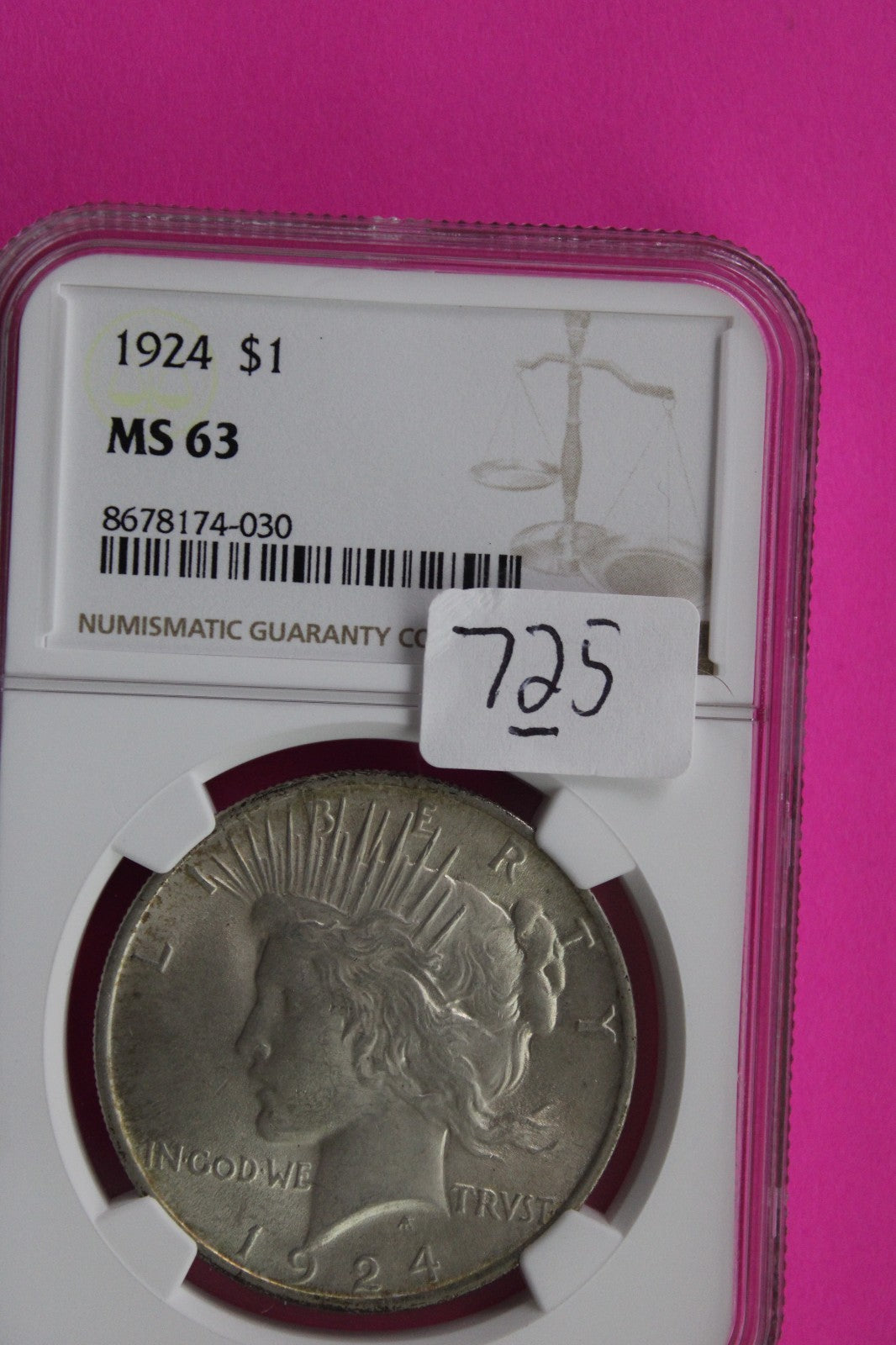 1924 P MS 63 Liberty Peace Silver Dollar NGC Certified Graded Authentic 725