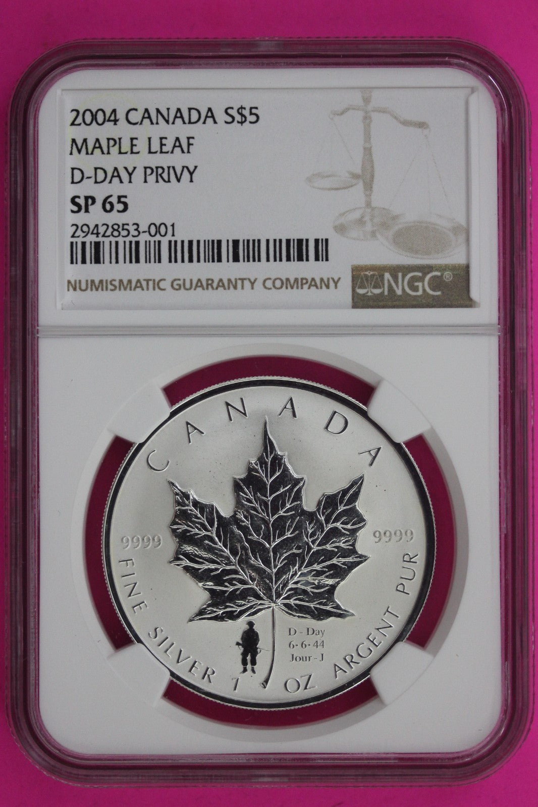 2004 SP 65 Canada D Day Privy Maple Leaf $5 NGC Certified Authentic Slab 1305