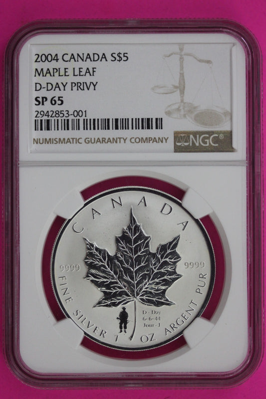 2004 SP 65 Canada D Day Privy Maple Leaf $5 NGC Certified Authentic Slab 1305