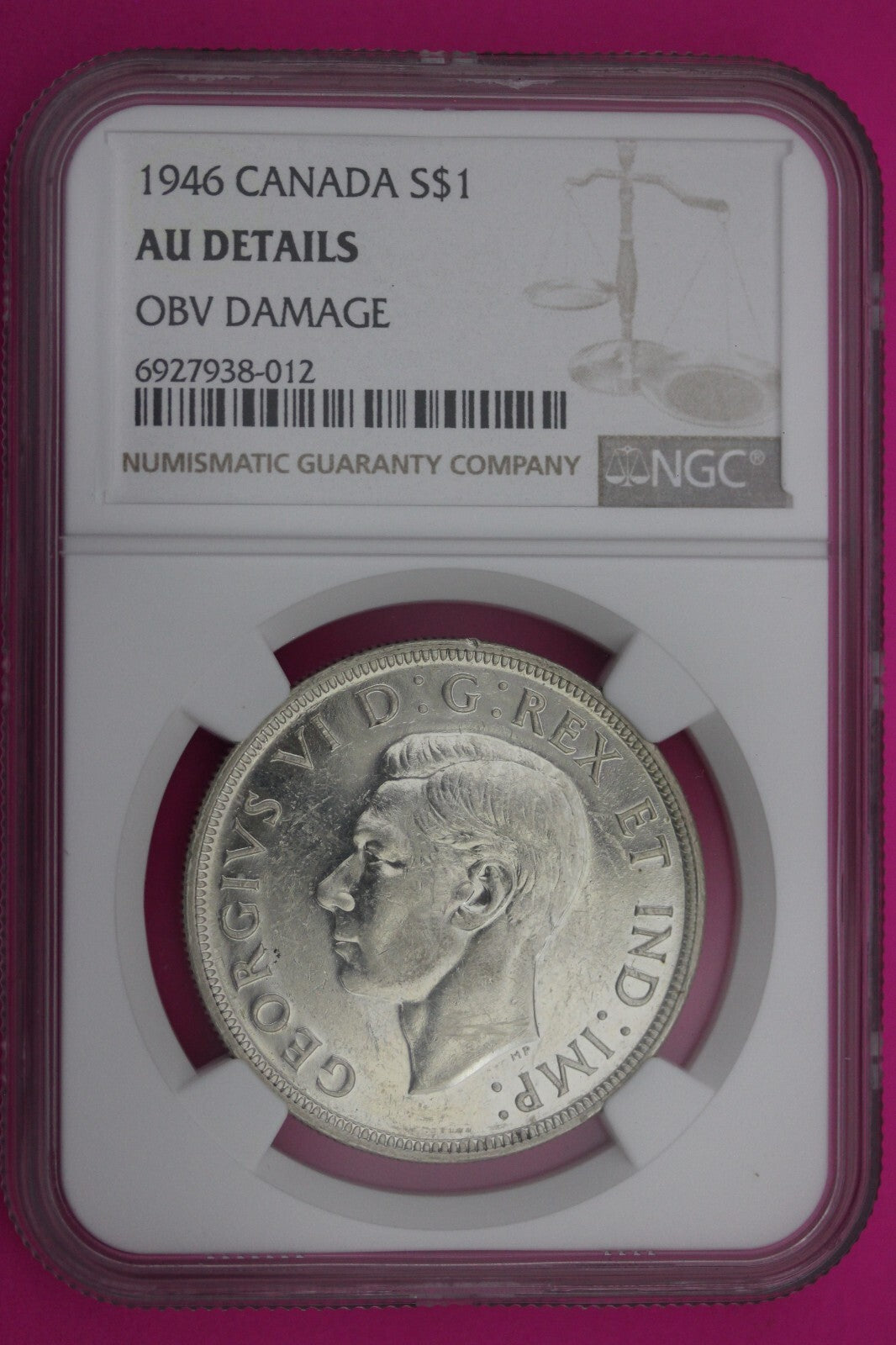 1946 AU Details Canada Silver Dollar OBV Damage NGC Certified Authentic Slab 183