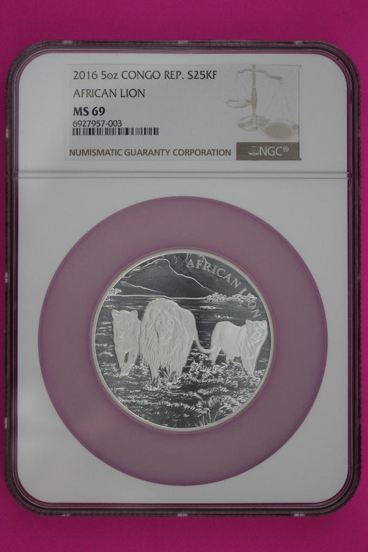 2016 MS 69 5 OZ Congo African Lion 25 ,000 Francs .999 Silver NGC Certified 7001