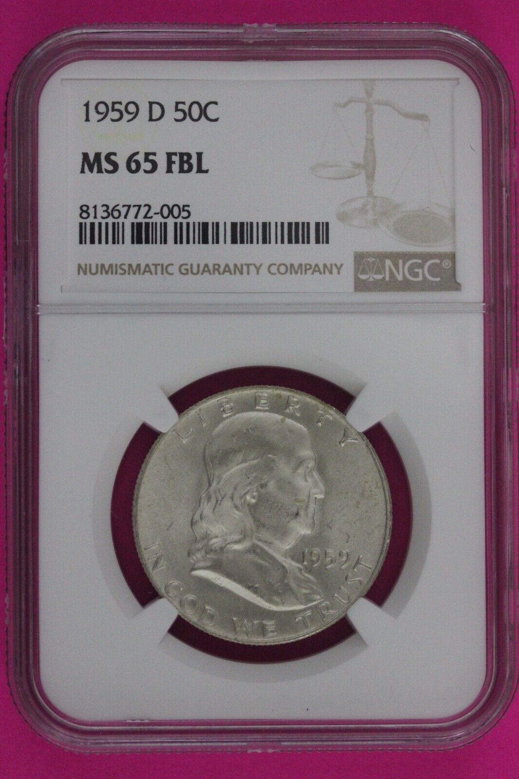 Full Bell Lines 1959 D MS 65 FBL Ben Franklin Half Dollar Silver Coin NGC 784
