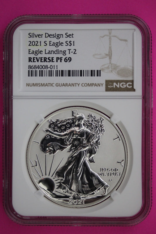 2021 S T2 Reverse Proof Silver Eagle PF 69 One Coin From Design Set NGC Slab 76