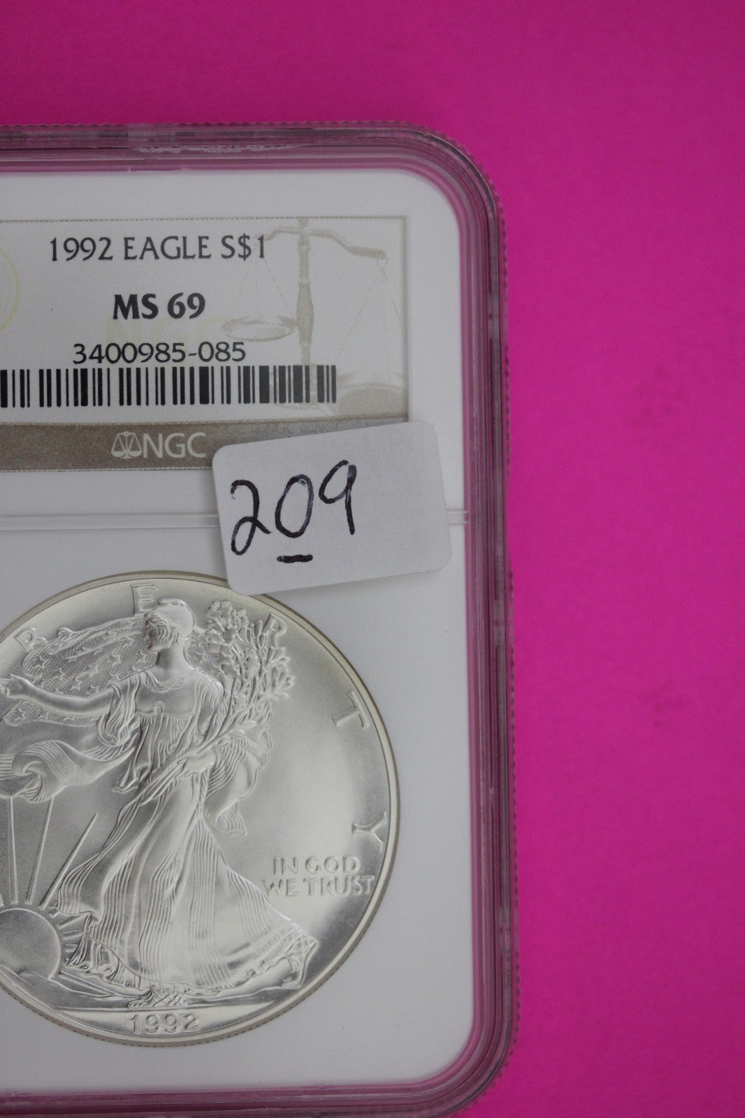 1992 MS 69 Silver Eagle 1 OZ .999 Silver NGC Certified Graded Authentic 209