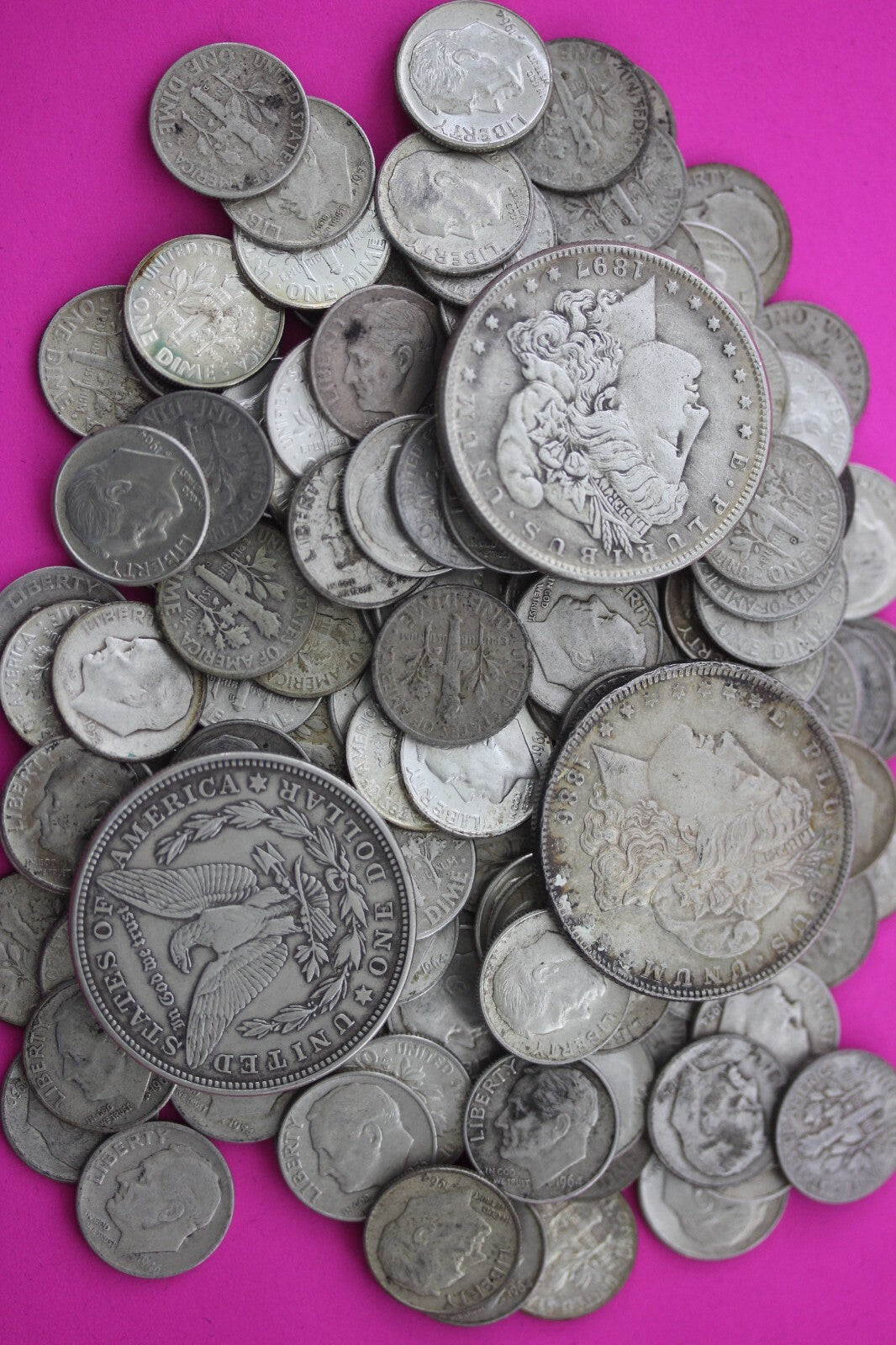 United States 90% Silver Coins $7.00 Face Value With One Morgan Dollar Junk