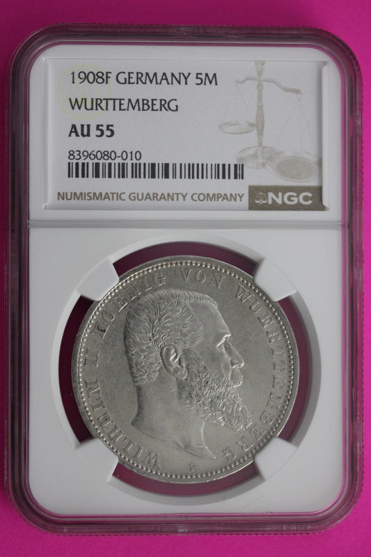 1908 F AU 55 Germany Wurttemberg 5 Marks Silver Coin NGC Certified Authentic 635