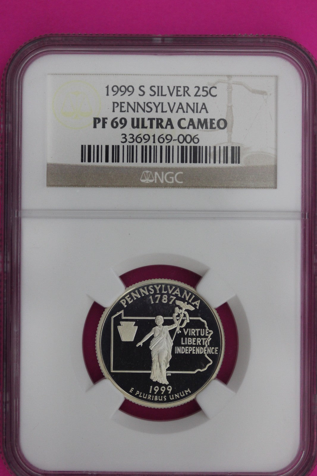 1999 S PF 69 Pennsylvania Silver State Quarter NGC Certified Authentic Slab 979