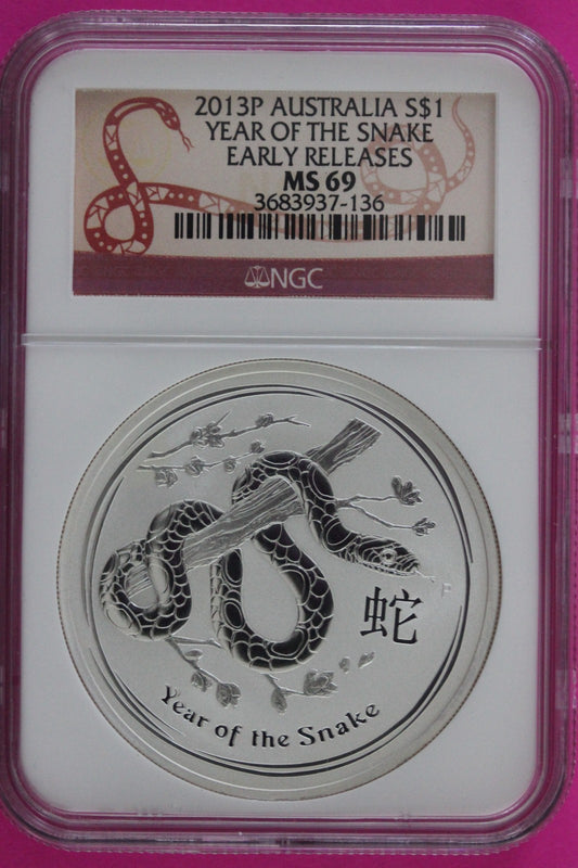 2013 P MS 69 Australia Year Of The Snake $1 Silver Coin NGC Certified Slab 954